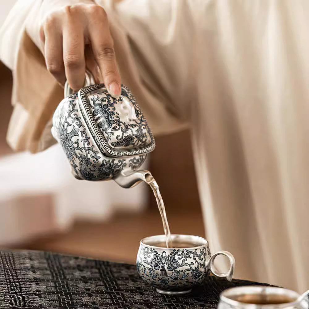 Gilded Silver Kung Fu Tea Set – Handcrafted Porcelain & 999 Silver