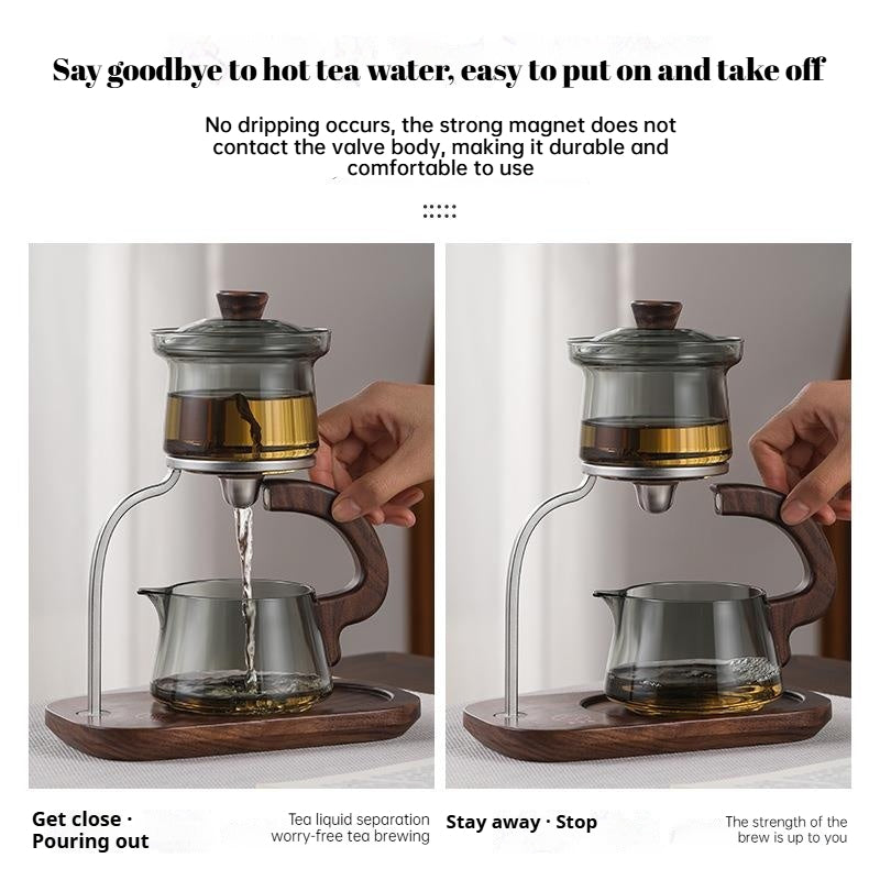 Modern Magnetic Glass Teapot Set – Heat-Resistant Lazy Brewer with Wood Handle & Stainless Steel Infuser