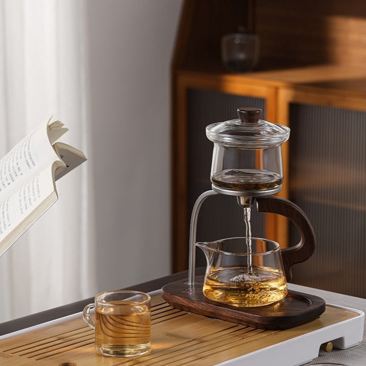 Modern Magnetic Glass Teapot Set – Heat-Resistant Lazy Brewer with Wood Handle & Stainless Steel Infuser